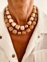 Load image into Gallery viewer, IZZA Taupe Marble necklace layered with the Cream Marble necklace, combining soft neutral tones with polished gold details.
