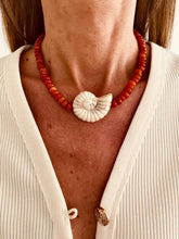 Load image into Gallery viewer, KAMALA necklace with coral-coloured beads and a large nautilus shell pendant.
