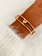 Load image into Gallery viewer, KANDIE gold cuff bracelet with heart and crystal accents.
