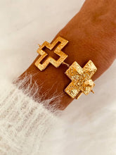 Load image into Gallery viewer, KECIA gold cross statement bracelet with sculptural textured links.
