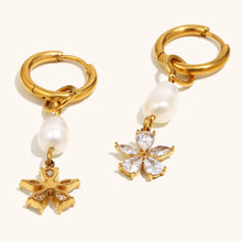 Učitaj sliku u preglednik galerije, Side angle of pearl zircon tassel earrings showing layered structure and gold plated finish
