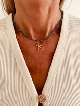 Load image into Gallery viewer, ASTRA blue rhinestone beaded necklace worn on a model.
