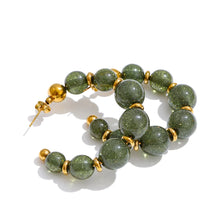 Učitaj sliku u preglednik galerije, Shimmering green resin bead C-shape huggie earrings with stainless steel chain highlighting elegant luxury jewelry finish
