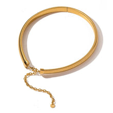 Load image into Gallery viewer, Stainless steel snake chain necklace displayed on neutral background showcasing clean lines and contemporary jewelry design
