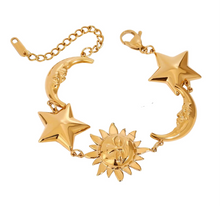 Load image into Gallery viewer, Sun star moon bracelet in gold plated stainless steel shown from front angle highlighting celestial jewelry design
