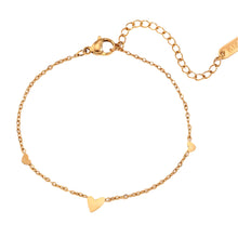 Load image into Gallery viewer, Three heart chain bracelet in stainless steel shown from front angle highlighting minimalist romantic jewelry design
