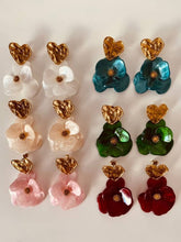 Load image into Gallery viewer, 1. YNES statement flower earrings available in six colours, combining handcrafted resin flowers, textured gold hearts and lightweight elegant design inspired by Ynes Mexia.
