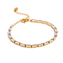 Load image into Gallery viewer, Zircon tennis bracelet in stainless steel shown from front angle highlighting sparkling elegant jewelry design
