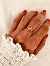 Load image into Gallery viewer, Agalia cross open ring featuring a minimalist gold-plated design and adjustable fit worn on hand

