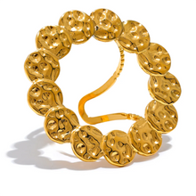 Load image into Gallery viewer, Modern statement jewelry ring featuring hammered metal circles and artistic design
