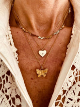 Load image into Gallery viewer, Butterfly pendant necklace worn on model with fine gold chain
