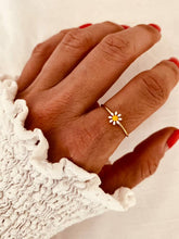 Load image into Gallery viewer, Daisy enamel flower open ring with colorful floral detail and gold-plated finish worn on hand
