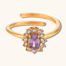 Load image into Gallery viewer, Sophisticated gold ring with sparkling oval zircon stone and floral detailing
