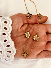 Load image into Gallery viewer, 18K gold plated stainless steel flower charm necklace with five small floral charms on a fine delicate chain for an elegant summer jewelry look
