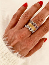 Load image into Gallery viewer, Foster geometric open statement ring with elegant gold-plated sculptural design worn on hand
