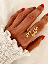 Load image into Gallery viewer, Gold botanical adjustable ring on hand, elegant leaf branch statement ring for women
