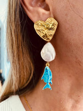 Load image into Gallery viewer, Coastal drop earrings with natural freshwater pearls and hand-painted blue fish pendants
