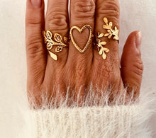 Load image into Gallery viewer, Luxury gold leaf ring styled with statement rings, elegant adjustable women’s jewelry
