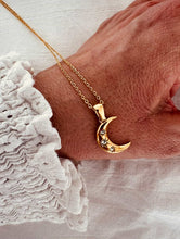 Load image into Gallery viewer, gold moon pendant necklace with cubic zirconia detail

