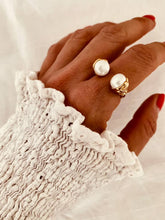 Load image into Gallery viewer, Gold pearl statement ring styled with gold rings, elegant adjustable pearl ring for women
