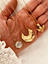 Load image into Gallery viewer, Detail of gold stainless steel necklace with fine chain and moon pendant
