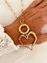 Load image into Gallery viewer, Gold hammered open heart necklace with stainless steel statement chain
