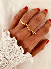 Load image into Gallery viewer, Khari architectural pipe statement ring featuring a sleek elongated gold-plated bar and minimalist contemporary design worn on hand
