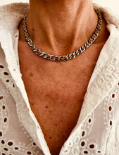 Load image into Gallery viewer, Modern two tone chain necklace worn on model with gold and silver link combination
