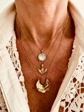 Load image into Gallery viewer, Crescent moon pendant necklace worn on model with delicate chain
