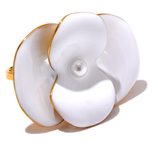 Load image into Gallery viewer, Bold floral statement ring with oversized white petals and sophisticated gold-plated band

