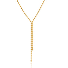 Load image into Gallery viewer, Detailed view of pearl fringe drop on 18K gold plated Y necklace for feminine refined style.

