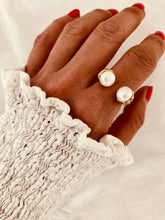 Load image into Gallery viewer, Gold adjustable pearl ring on hand, elegant statement pearl ring for women, waterproof stainless steel jewelry
