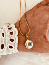 Load image into Gallery viewer, Pearl turquoise necklace with freshwater pearl and turquoise charm on stainless steel chain
