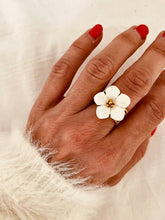 Load image into Gallery viewer, Reina natural shell flower statement ring with elegant gold-plated finish worn on hand
