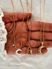 Load image into Gallery viewer, romantic gold moon necklace styled for evening outfit
