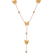 Load image into Gallery viewer, Close up of butterfly charms and cubic zirconia stones highlighting sparkle and refined gold plated finish
